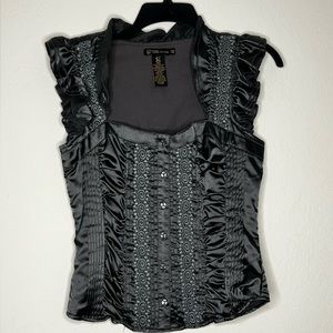 Grass Collection- Ruched Silk-like button up shirt with lace accents